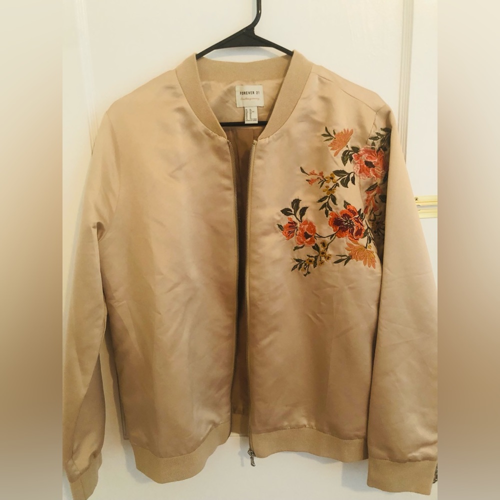 Forever21 Satin Tan Embroidered Bomber Jacket